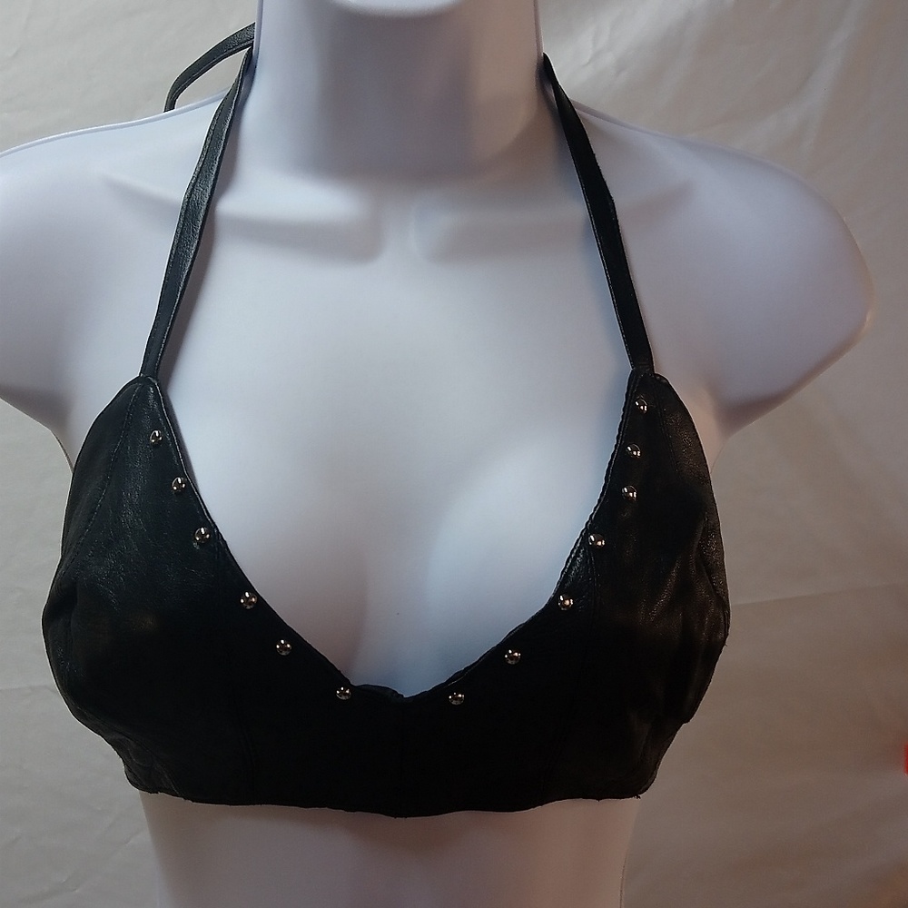 Genuine Leather Bikini Top Studded Black NWOT - Picture 7 of 7